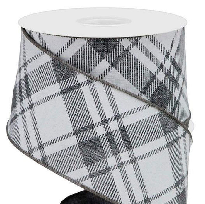 CBI Checks Wired Ribbon - 2.5 inch Grey & White Diagonal Check on Canvas Ribbon - 10 Yards