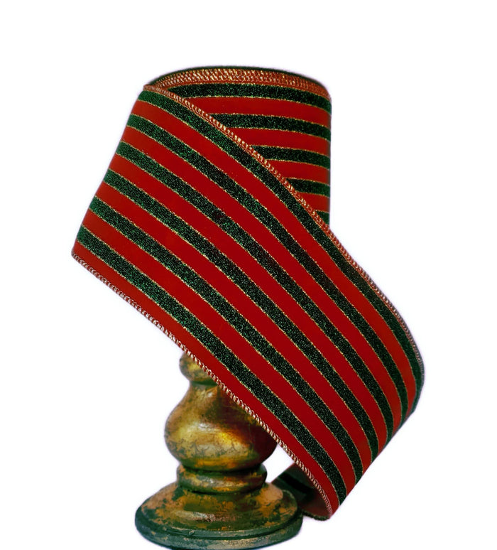 Perpetual Ribbons 4" Red Velvet with Green Glitter Stripes - 10 Yards