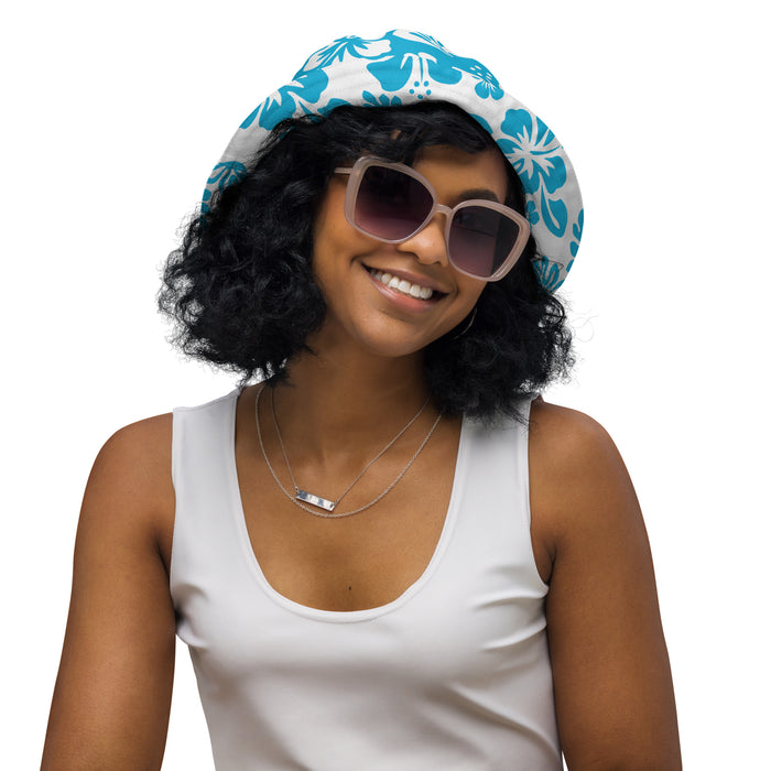Aqua and White Hawaiian Flowers Reversible Bucket Hat - Extremely Stoked