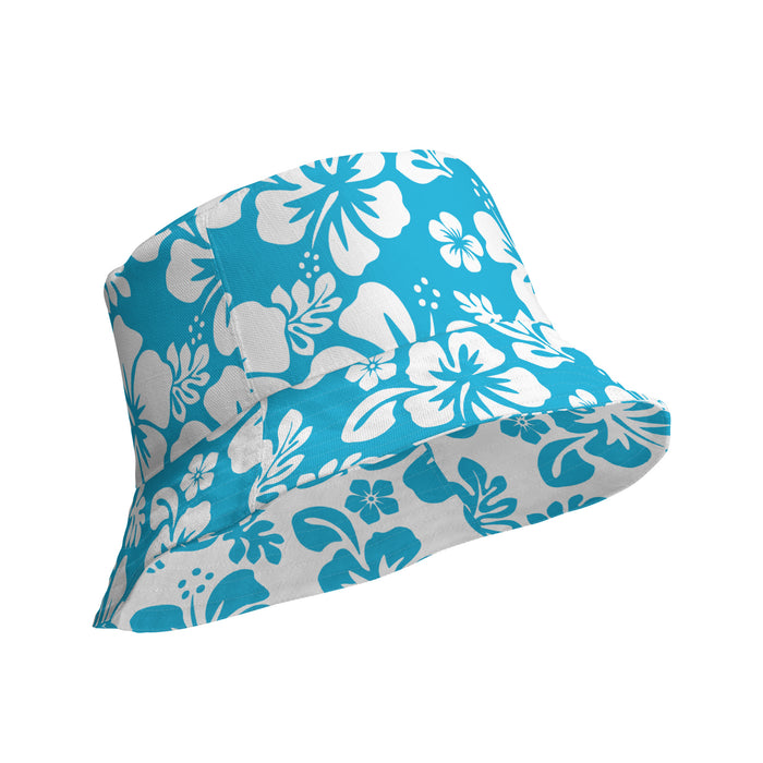 Aqua and White Hawaiian Flowers Reversible Bucket Hat - Extremely Stoked