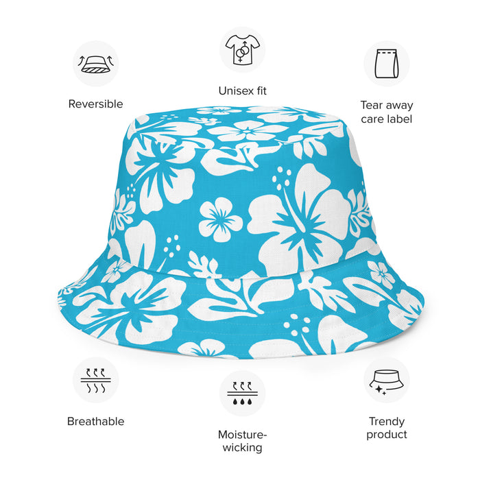 Aqua and White Hawaiian Flowers Reversible Bucket Hat - Extremely Stoked