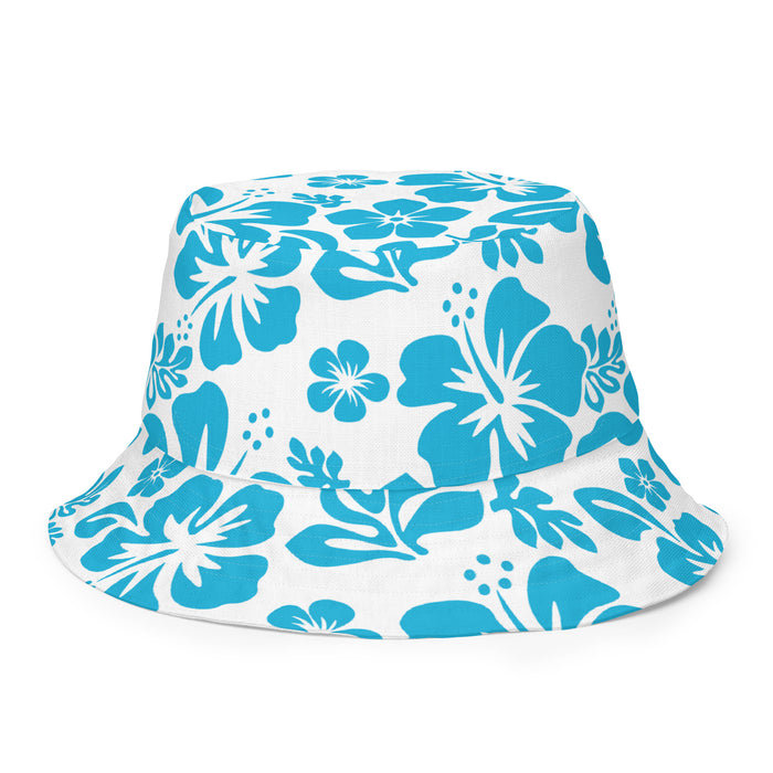 Aqua and White Hawaiian Flowers Reversible Bucket Hat - Extremely Stoked