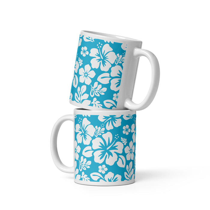 White and Aqua Blue Hawaiian Flowers Coffee Mug - Extremely Stoked