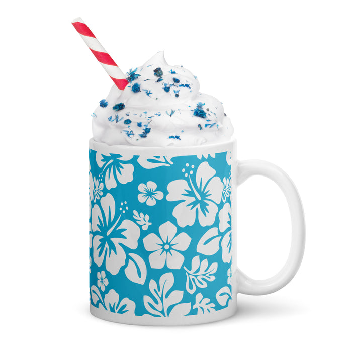 White and Aqua Blue Hawaiian Flowers Coffee Mug - Extremely Stoked
