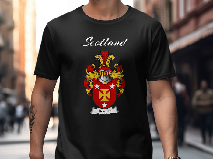 Bennet Scottish family shield design on Black T-shirt