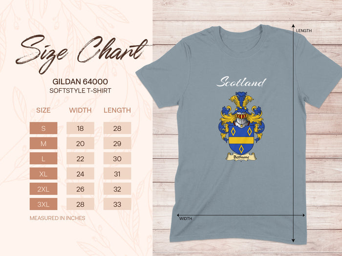 Gildan 64000 size chart for Bethune Scottish family shield T-shirt