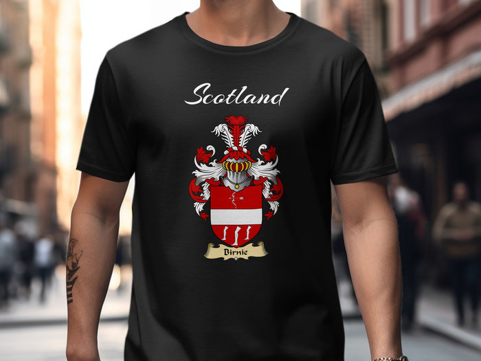 Birnie Scottish family shield design on Black T-shirt