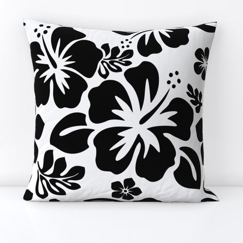 Black Hawaiian Flowers on White Throw Pillow - Extremely Stoked