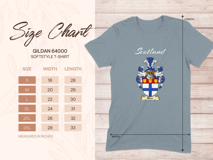 Gildan 64000 size chart for Blew Scottish family shield T-shirt