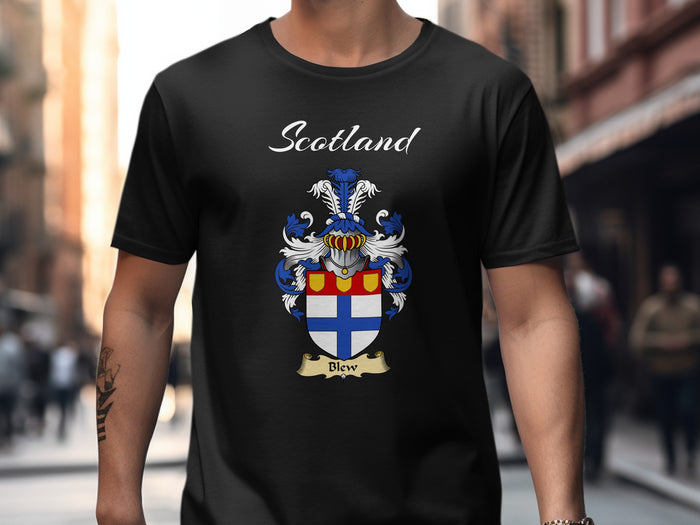 Blew Scottish family shield design on Black T-shirt
