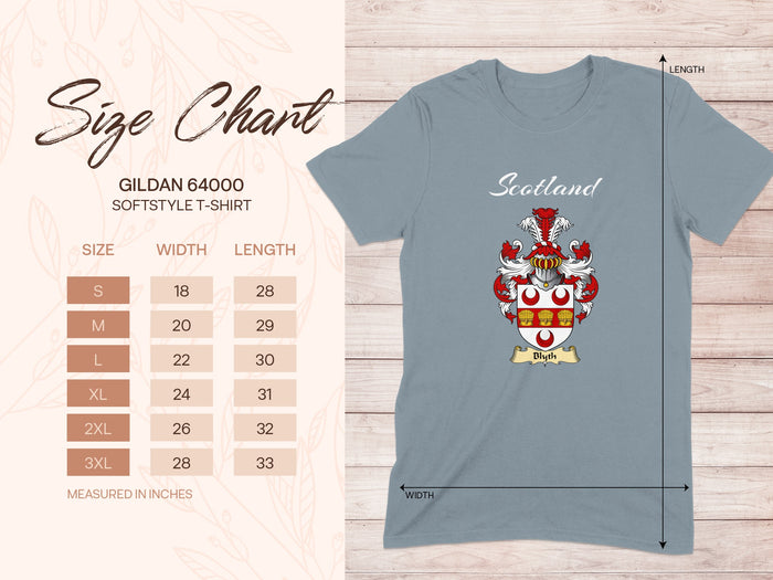 Gildan 64000 size chart for Blyth Scottish family shield T-shirt