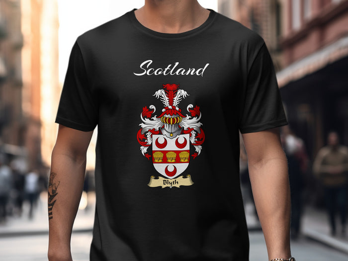 Blyth Scottish family shield design on Black T-shirt