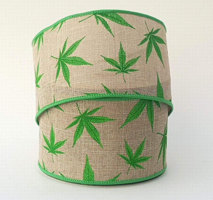 PerpetualRibbons Floral "Fun Christmas Ribbon" 2.5 inch Wired Natural Canvas "Urban Leaf" Ribbon - 10 Yards