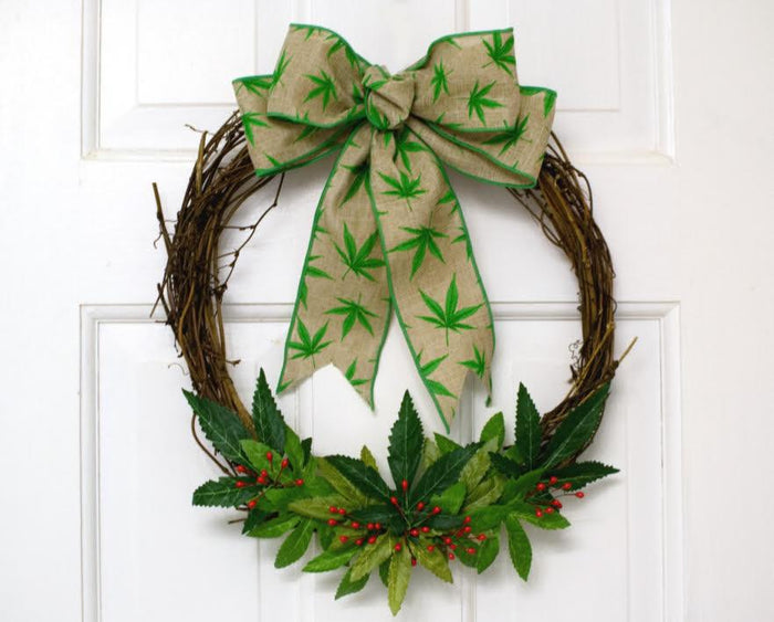 PerpetualRibbons Floral "Fun Christmas Ribbon" 2.5 inch Wired Natural Canvas "Urban Leaf" Ribbon - 10 Yards