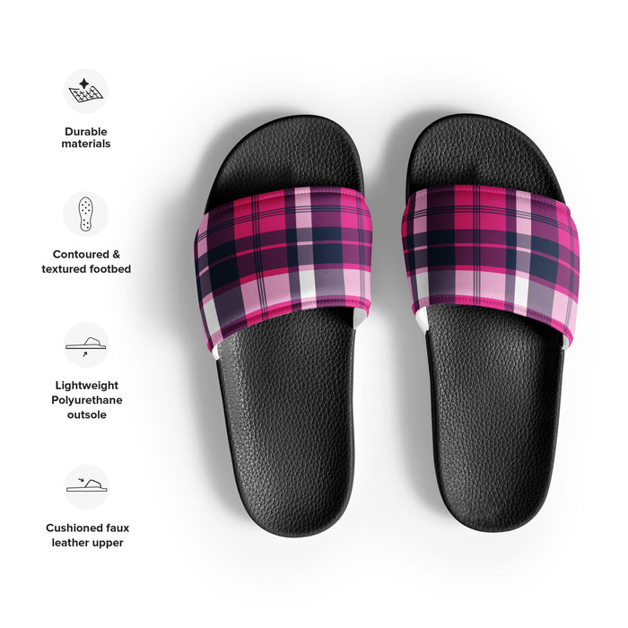 Hot Pink and Navy Blue Plaid Women’s Slides | Extremely Stoked® Surf-Style Sandals