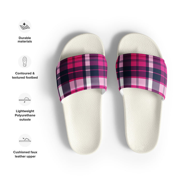 Hot Pink and Navy Blue Plaid Women’s Slides | Extremely Stoked® Surf-Style Sandals