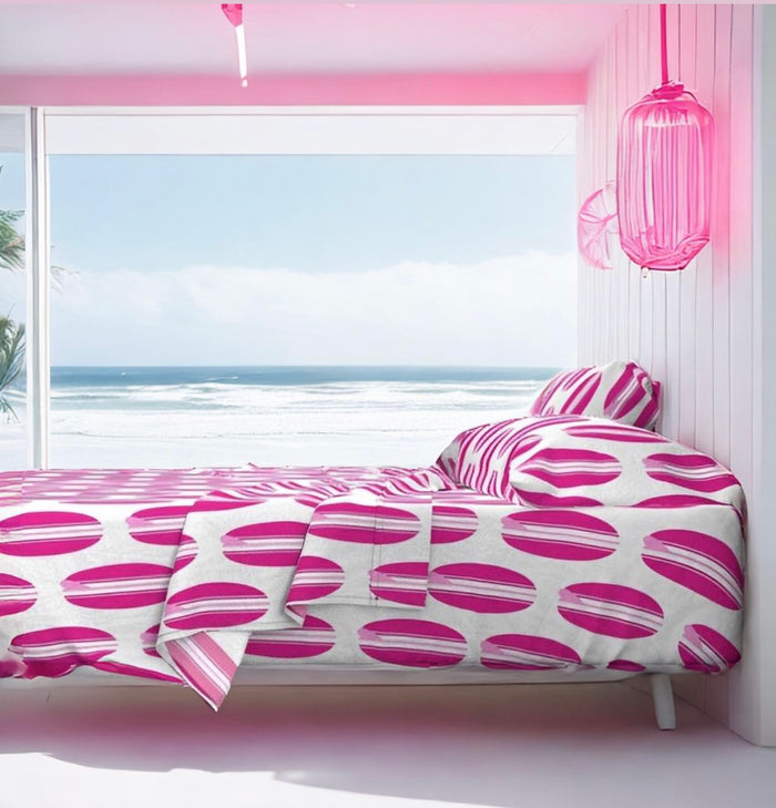 Surfer Girl Pink, White and Soft Pink Classic Surfboards Sheet Set from Surfer Bedding™️ Large Scale - Extremely Stoked