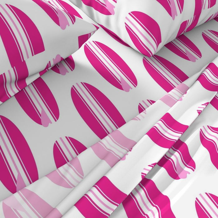 Surfer Girl Pink, White and Soft Pink Classic Surfboards Sheet Set from Surfer Bedding™️ Large Scale - Extremely Stoked