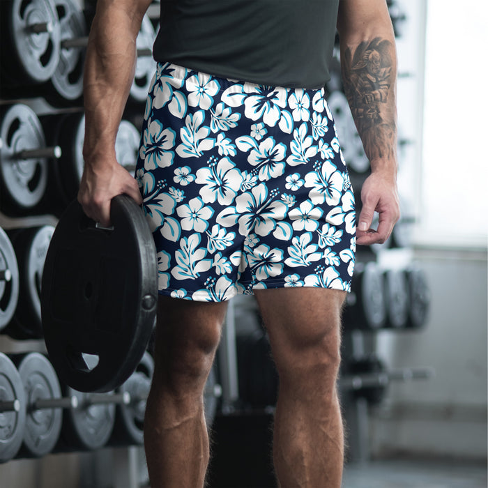 Men’s Navy Blue, Aqua Blue & White Hawaiian Eco Athleisure Shorts | Extremely Stoked®