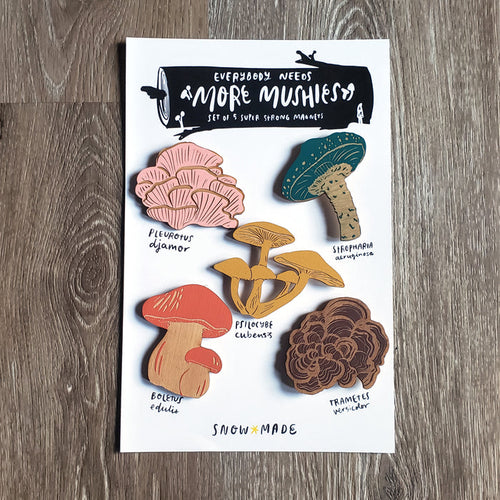 "More Mushies" Wooden Mushroom Magnets (set of 5)