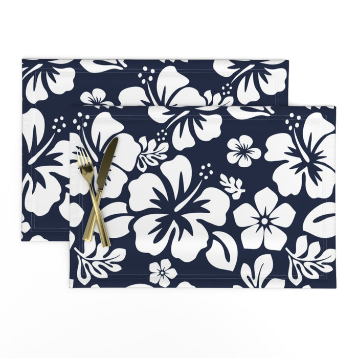 Navy Blue and White Hawaiian Flowers Placemats - Extremely Stoked® Eco Luxe Beach Home Decor Collection