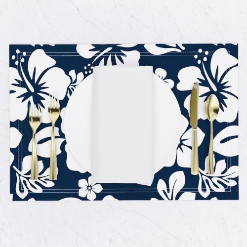 White Hawaiian Flowers on Navy Blue Placemats - Extremely Stoked