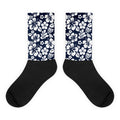 Navy Blue and White Hawaiian Flowers Socks | Extremely Stoked® Tropical Surf Style Crew Socks