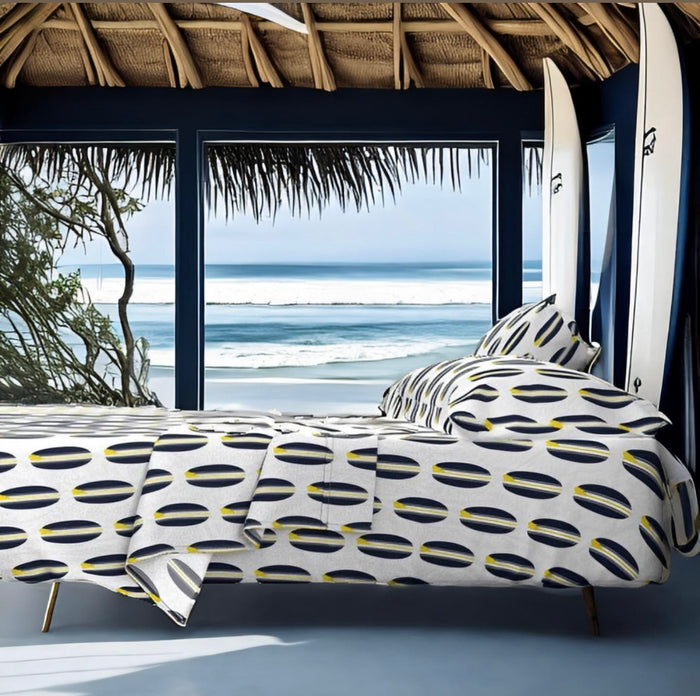 Navy Blue, White and Yellow Classic Surfboards Sheet Set from Surfer Bedding™️ Medium Scale - Extremely Stoked