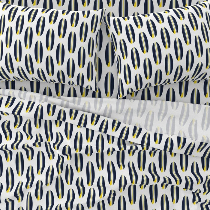 Navy Blue and Yellow Classic Surfboards Sheet Set - Medium Scale - Extremely Stoked® Eco Luxe Surfer Bedding