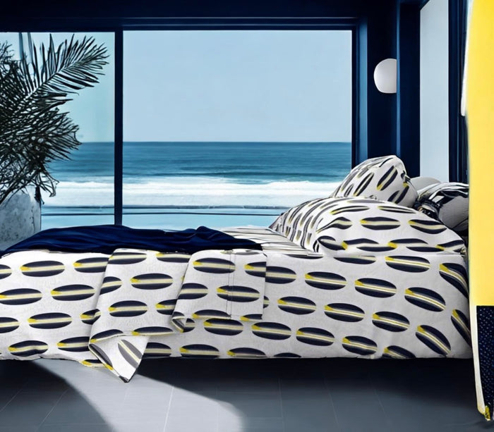 Navy Blue, White and Yellow Classic Surfboards Sheet Set from Surfer Bedding™️ Medium Scale - Extremely Stoked