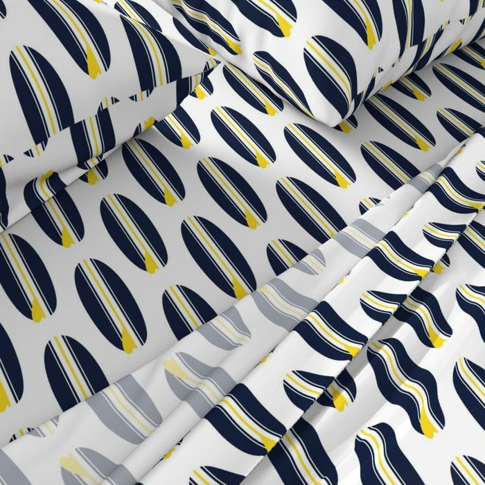 Navy Blue and Yellow Classic Surfboards Sheet Set - Medium Scale - Extremely Stoked® Eco Luxe Surfer Bedding