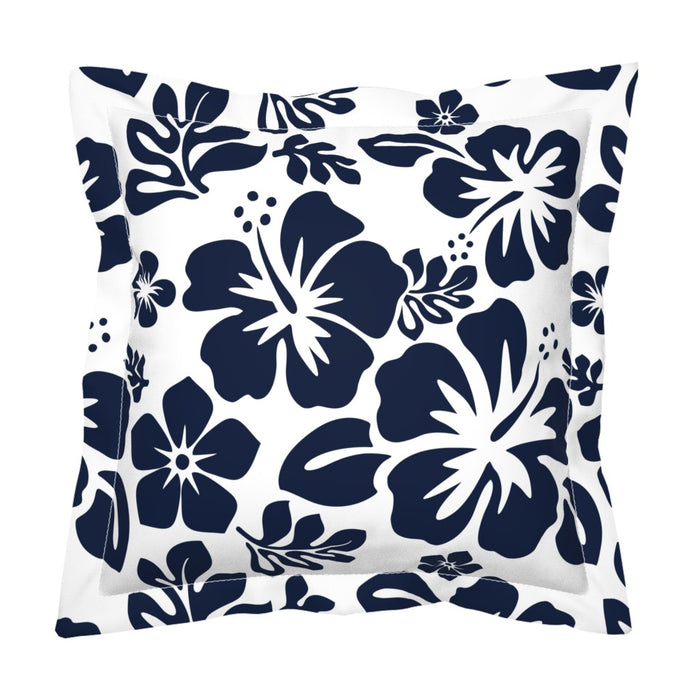 Navy Blue Hawaiian Flowers on White Euro Pillow Sham – Extremely Stoked® Eco Beach Luxe Collection