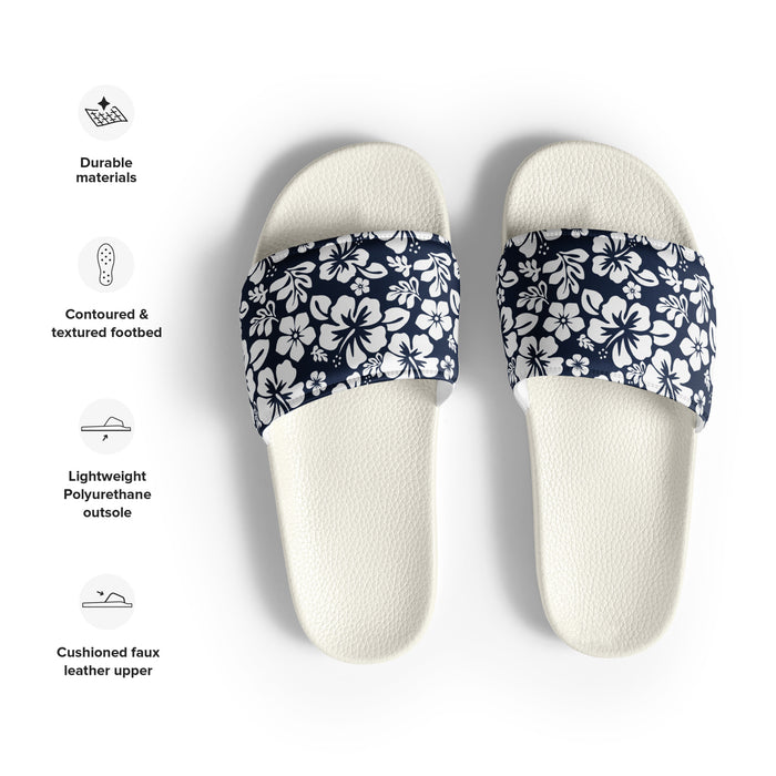 Navy Blue Hawaiian Flowers Women’s Slides | Extremely Stoked® Surf-Style Sandals