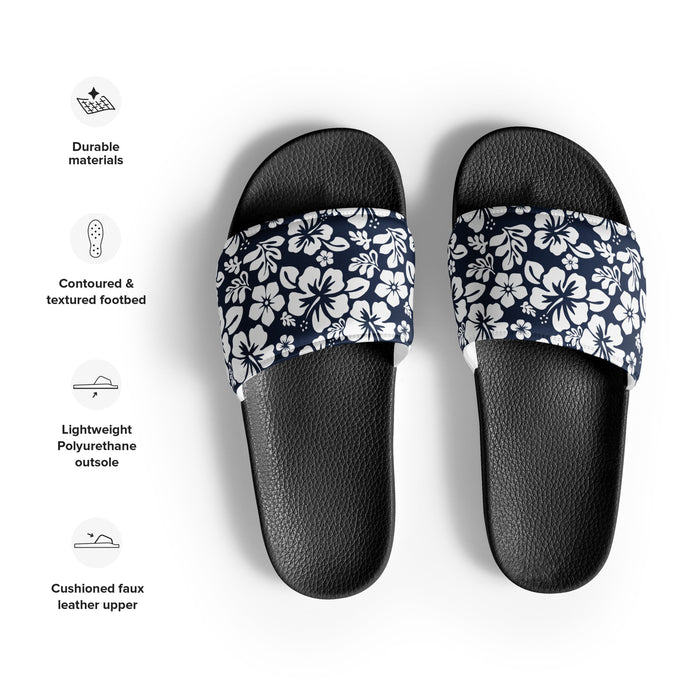 Navy Blue Hawaiian Flowers Women’s Slides | Extremely Stoked® Surf-Style Sandals