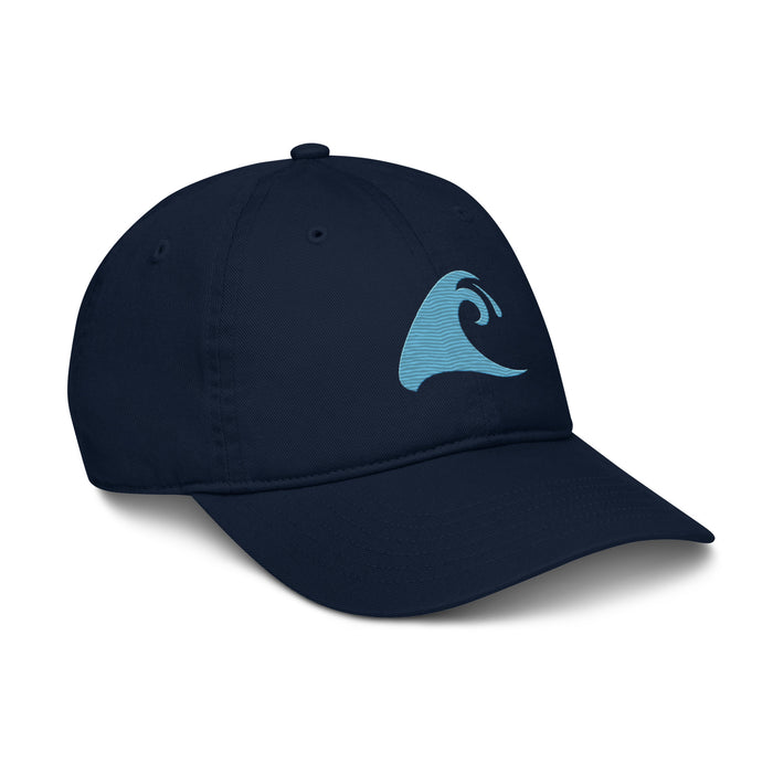 Navy Blue Organic Cotton Baseball Cap with Aqua Epic Wave Logo | Eco Surf Style Hat by Extremely Stoked®