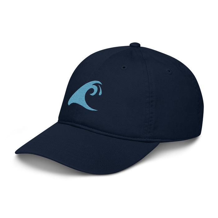 Navy Blue Organic Cotton Baseball Cap with Aqua Epic Wave Logo | Eco Surf Style Hat by Extremely Stoked®