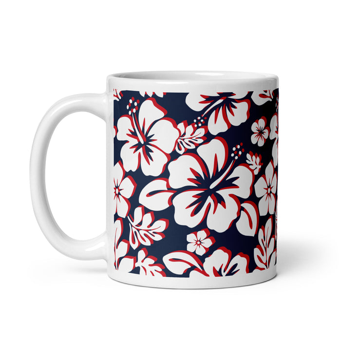 White with Red Hawaiian Flowers on Navy Blue Coffee Mug - Extremely Stoked