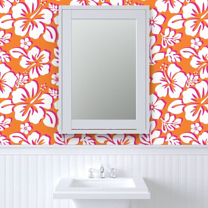 Juicy Orange, White and Surfer Girl Pink Hawaiian Flowers Wallpaper