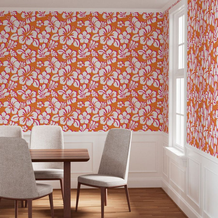 Orange, White and Hot Pink Hawaiian Flowers Wallpaper - Extremely Stoked® Eco Beach Luxe Collection