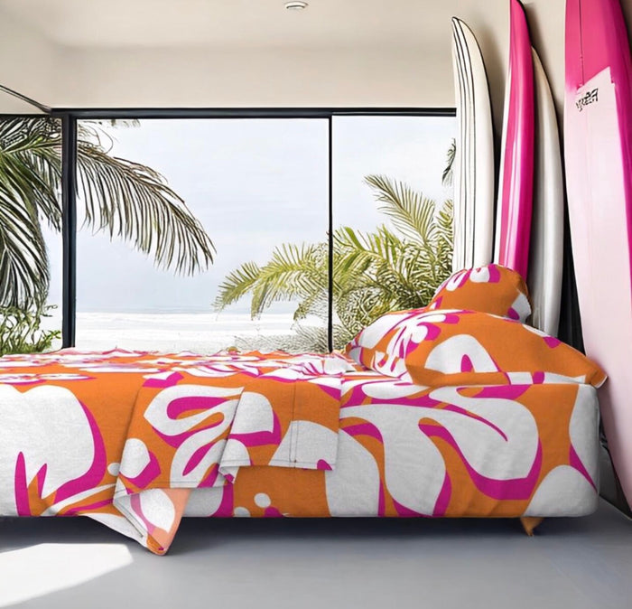 Juicy Orange, White and Surfer Girl Pink Hawaiian and Hibiscus Flowers Sheet Set from Surfer Bedding™️ Large Scale - Extremely Stoked