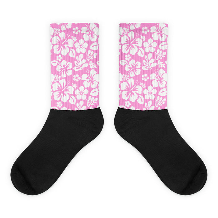 Pink and White Hawaiian Flowers Socks | Extremely Stoked® Tropical Surf Style Crew Socks