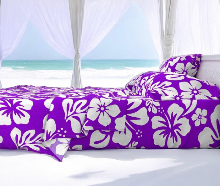 Purple and White Hawaiian Flowers Sheet Set from Surfer Bedding™️ Medium Scale - Extremely Stoked
