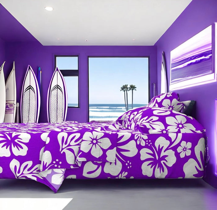 Purple and White Hawaiian Flowers Sheet Set from Surfer Bedding™️ Medium Scale - Extremely Stoked