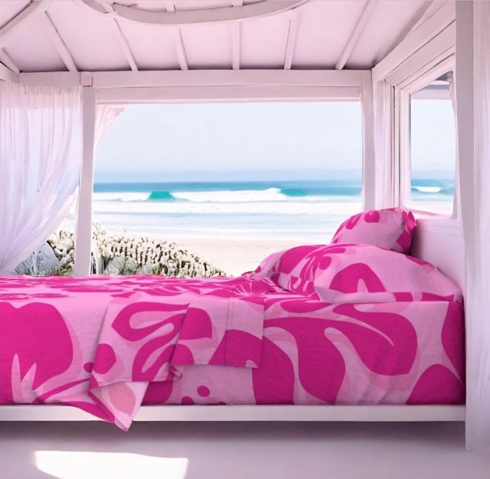 Soft Pink with Surfer Girl Hot Pink Hawaiian Flowers Sheet Set from Surfer Bedding™️ Large Scale - Extremely Stoked
