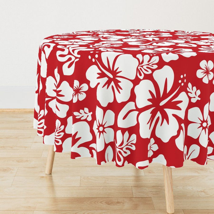 Red and White Hawaiian Flowers Round Tablecloth - Extremely Stoked