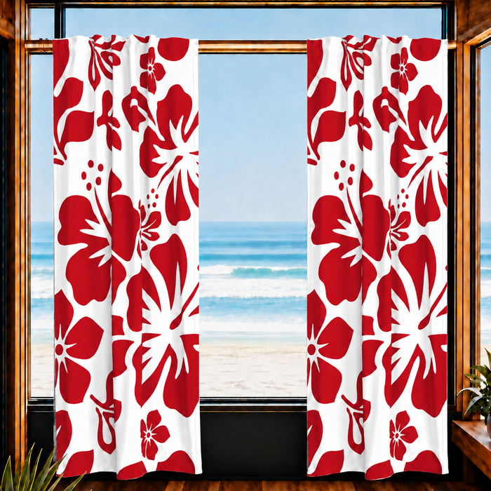 Red Hawaiian Flowers on White Window Curtains - Extremely Stoked® Eco Beach Luxe Collection - Large Scale