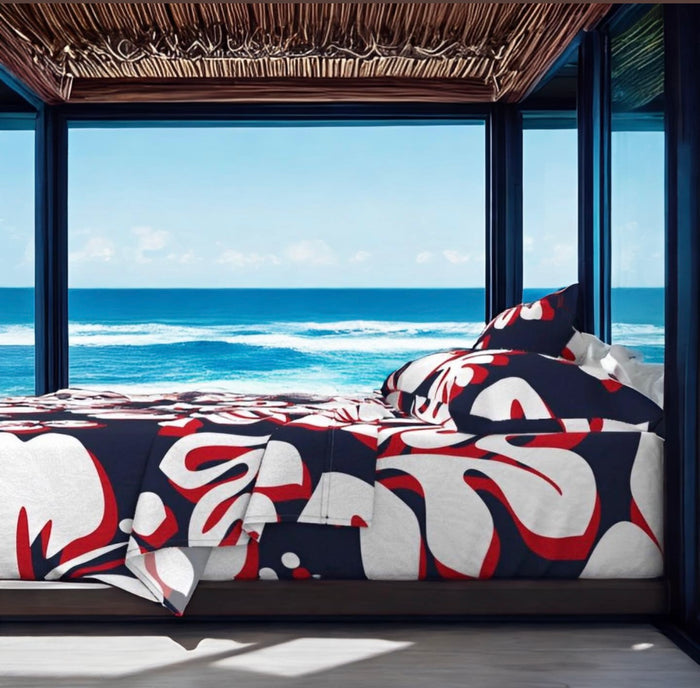Surfer Red, White and Navy Blue Hawaiian Flowers Sheet Set Surfer Bedding™️ Large Scale - Extremely Stoked