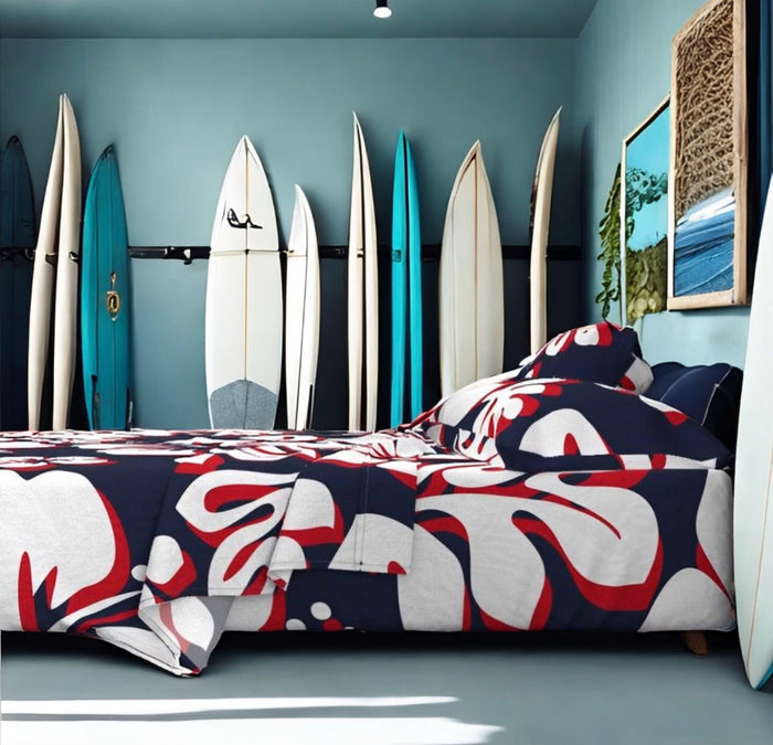 Surfer Red, White and Navy Blue Hawaiian Flowers Sheet Set Surfer Bedding™️ Large Scale - Extremely Stoked