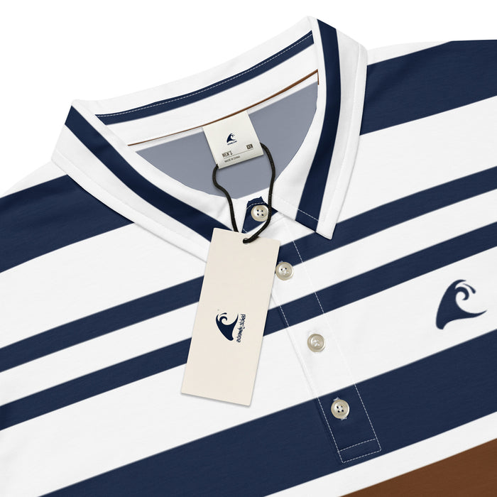 Slim Fit Men’s Classic Surf Stripes Polo Shirt – Navy Blue, Brown and White by Extremely Stoked®