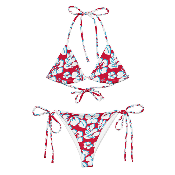White, Aqua Blue and Red Hawaiian Flowers String Bikini – Eco Swimwear by Extremely Stoked®